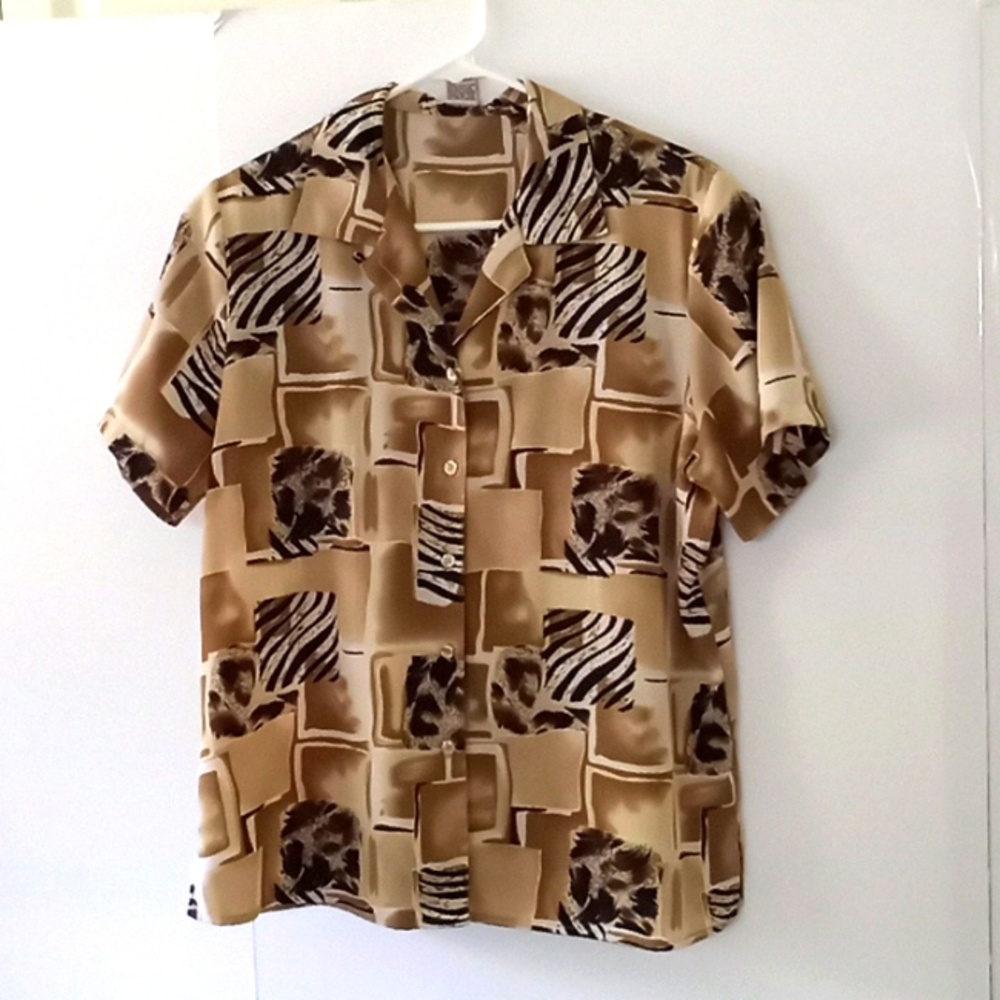 Vintage Notations Women's Floral Blouse - Size (L) - Beige/Black